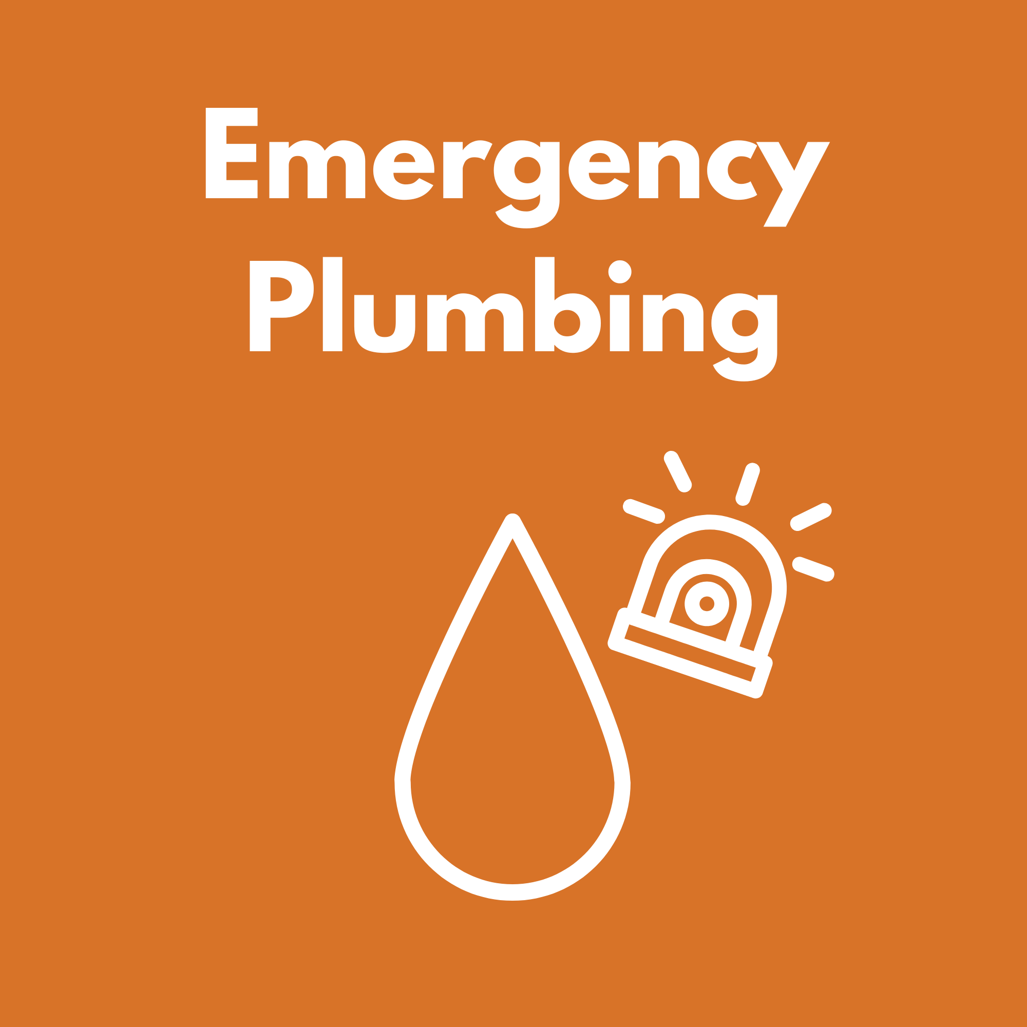Orange background with white text that reads "Emergency Plumbing" and a white icon of a pipeline or plumbing pipe with a burst or leak.