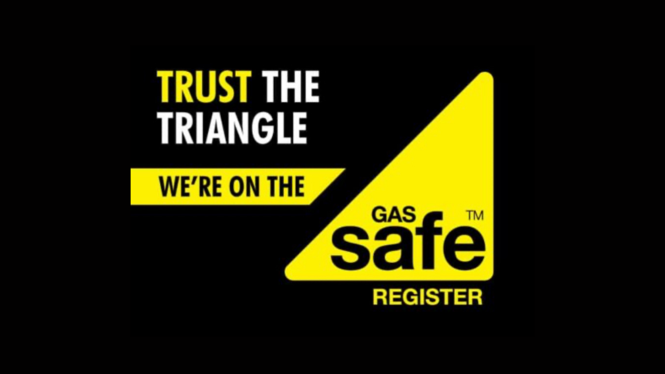 Black background with yellow and white text reading: 'Trust the triangle. We're on the gas safe register,' with a yellow triangle graphic.
