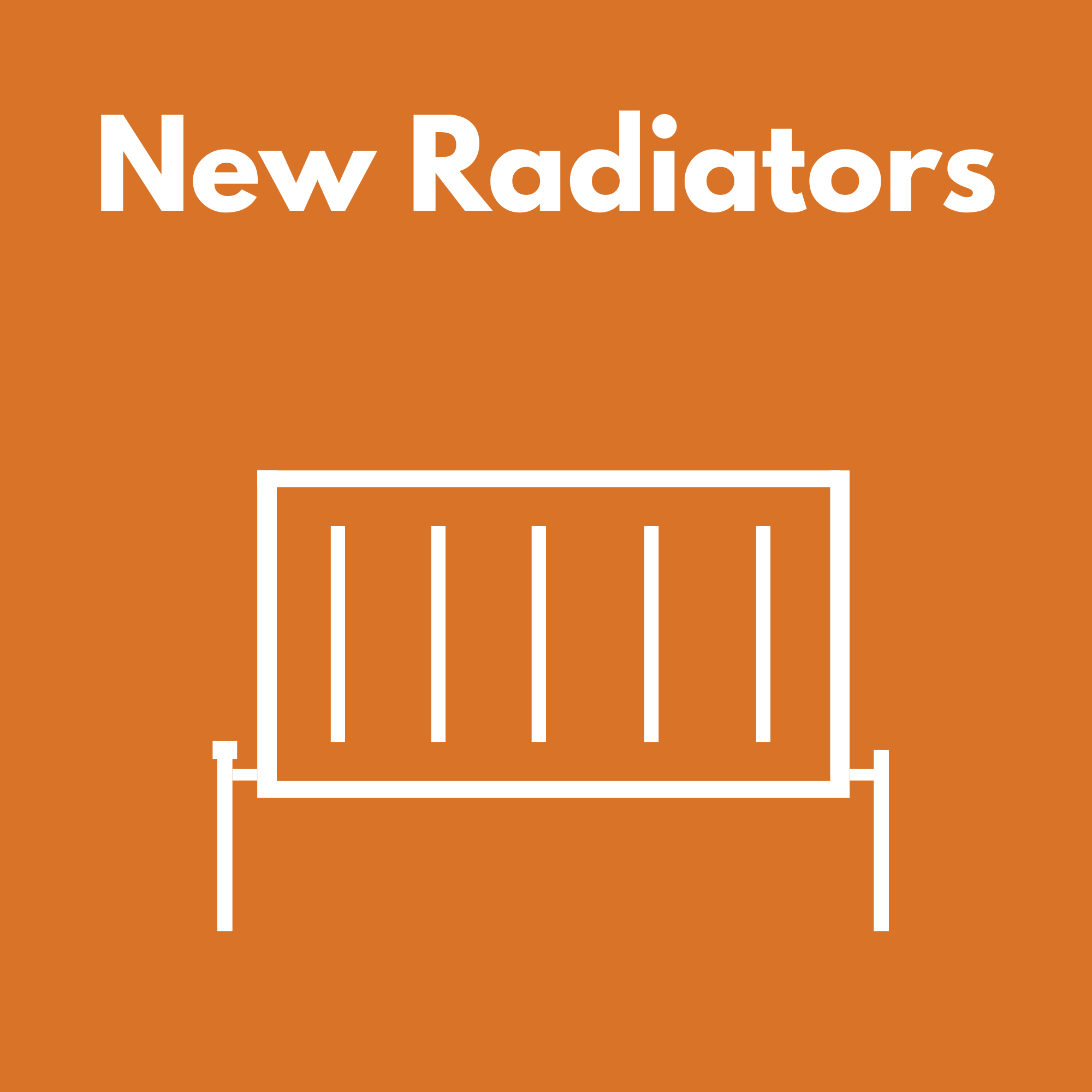Graphic with orange background and white text that says 'New Radiators'.