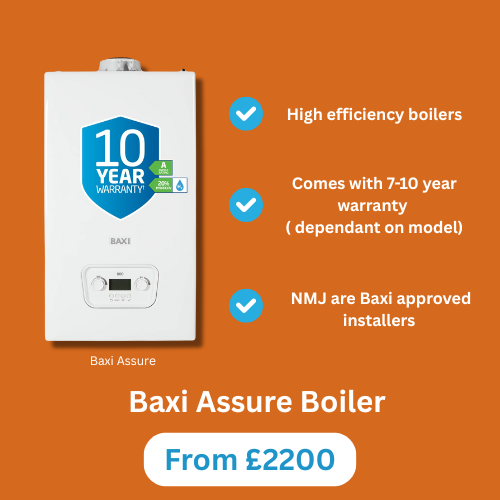 A Baxi Assure boiler image with a 10-year warranty badge, listing features like high efficiency, 7-10 year warranty (dependent on model), and BNK approved installers, with a starting price of £2200.