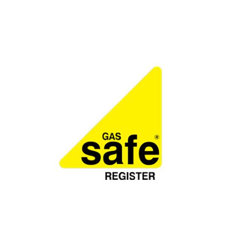 A yellow warning sign with a triangular shape indicating gas safety, with the text "GAS safe REGISTER" in black.