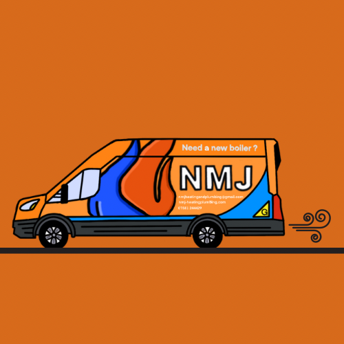 Cartoon image of a NMJ Heating & Plumbing van.