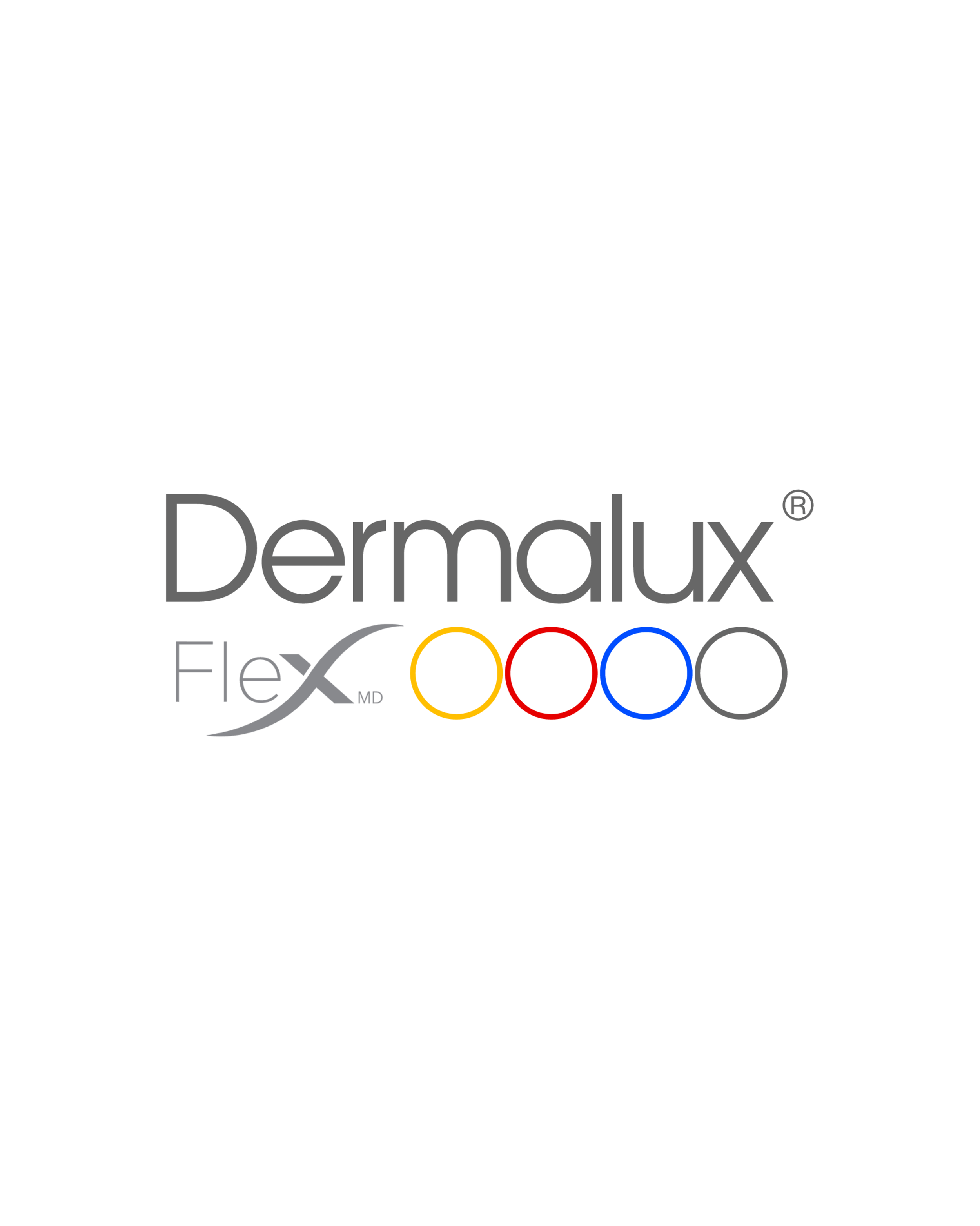 The Dermalux Flex MD logo with a stylized design and colored circles in yellow, red, blue, and black underneath.