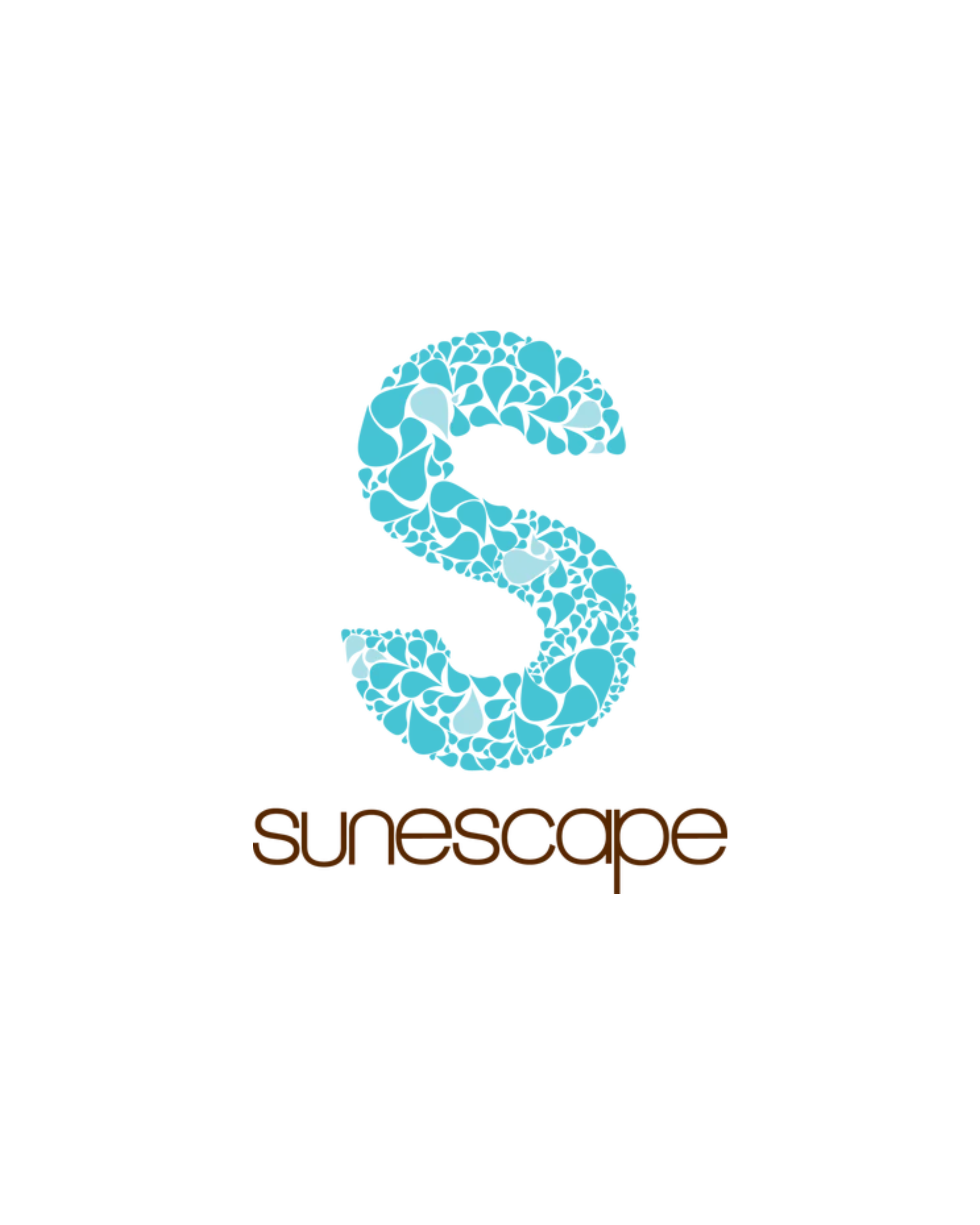 A logo with a stylized letter 'S' made of various blue teardrop shapes, with the word 'sunescape' written below in lowercase brown letters.
