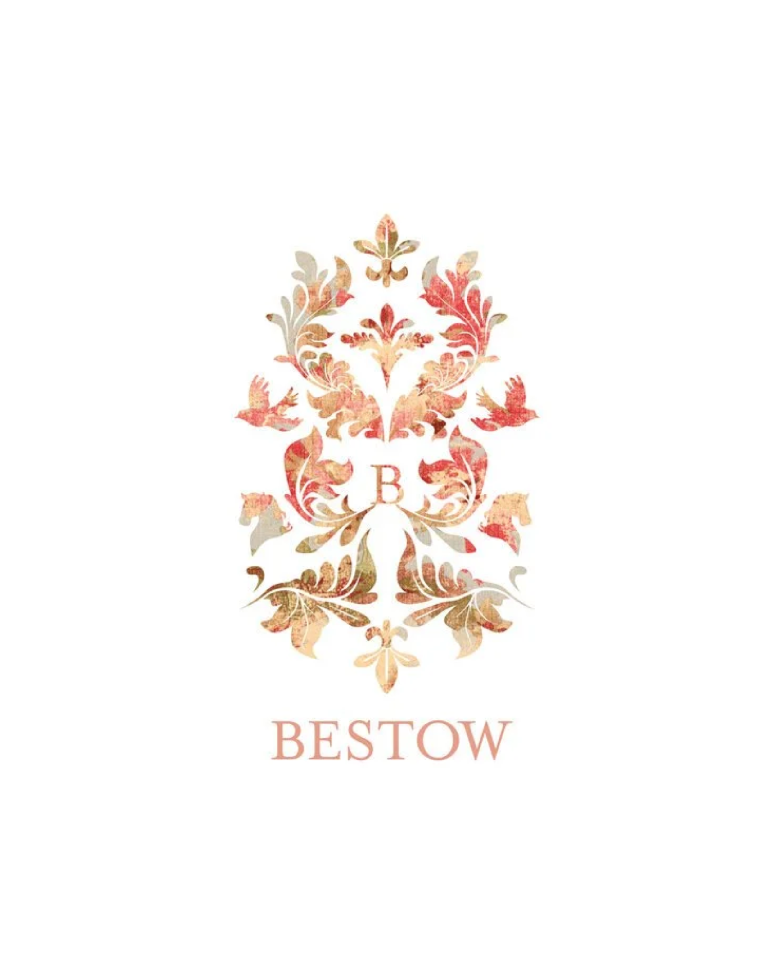 Elegant floral design with the words "Restored" at the top and "Bestow" at the bottom, featuring intricate leaf and flourish patterns in shades of red, orange, and beige with a textured appearance.