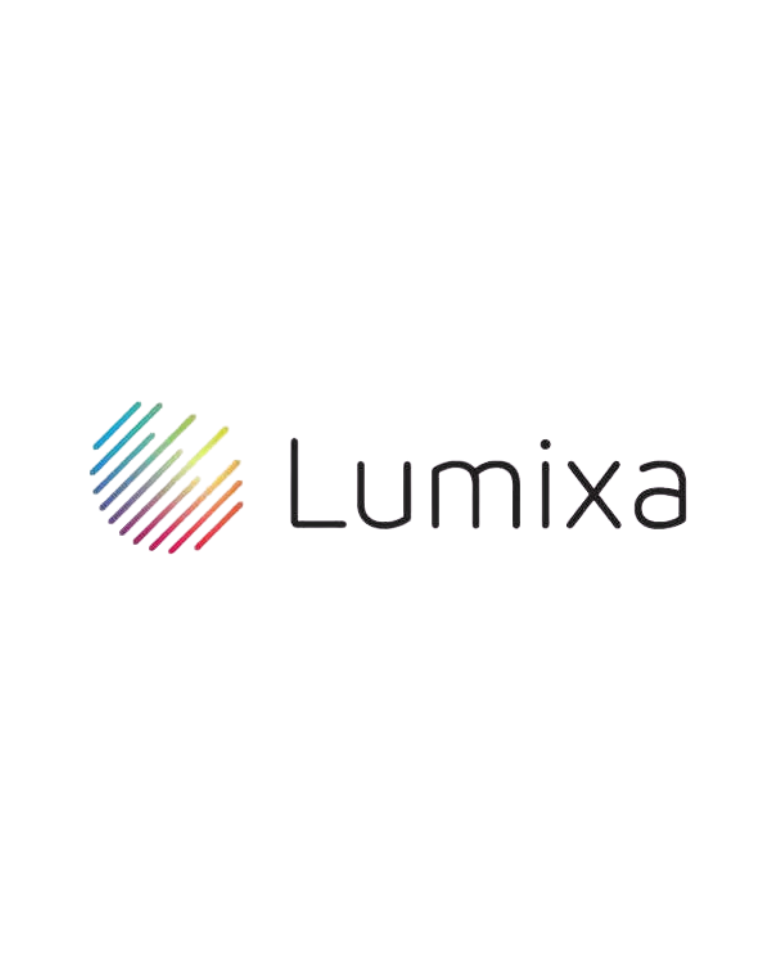 Lumixa logo with multicolored, diagonal striped design to the left of the text