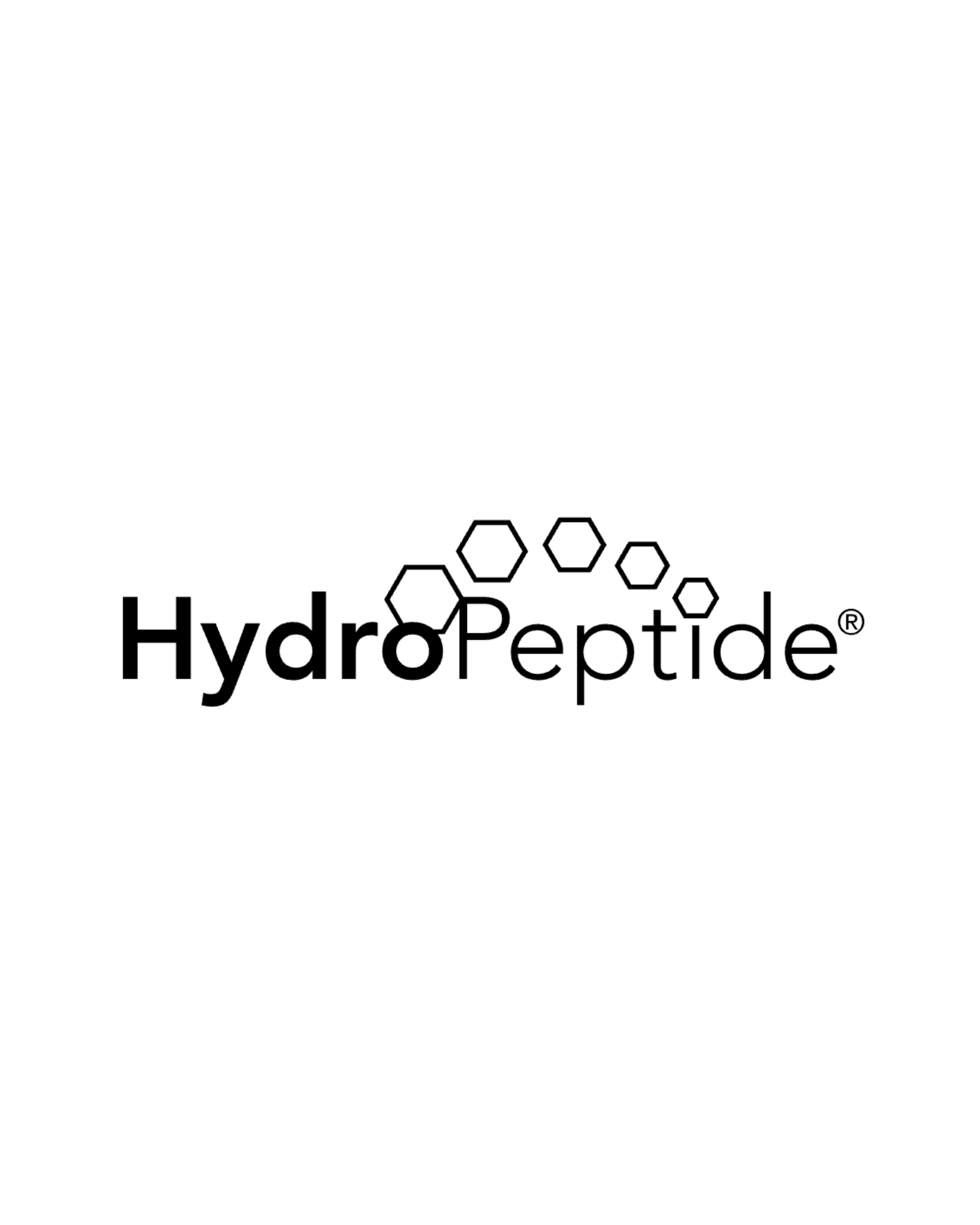 HydroPeptide logo with black text and hexagonal design elements.