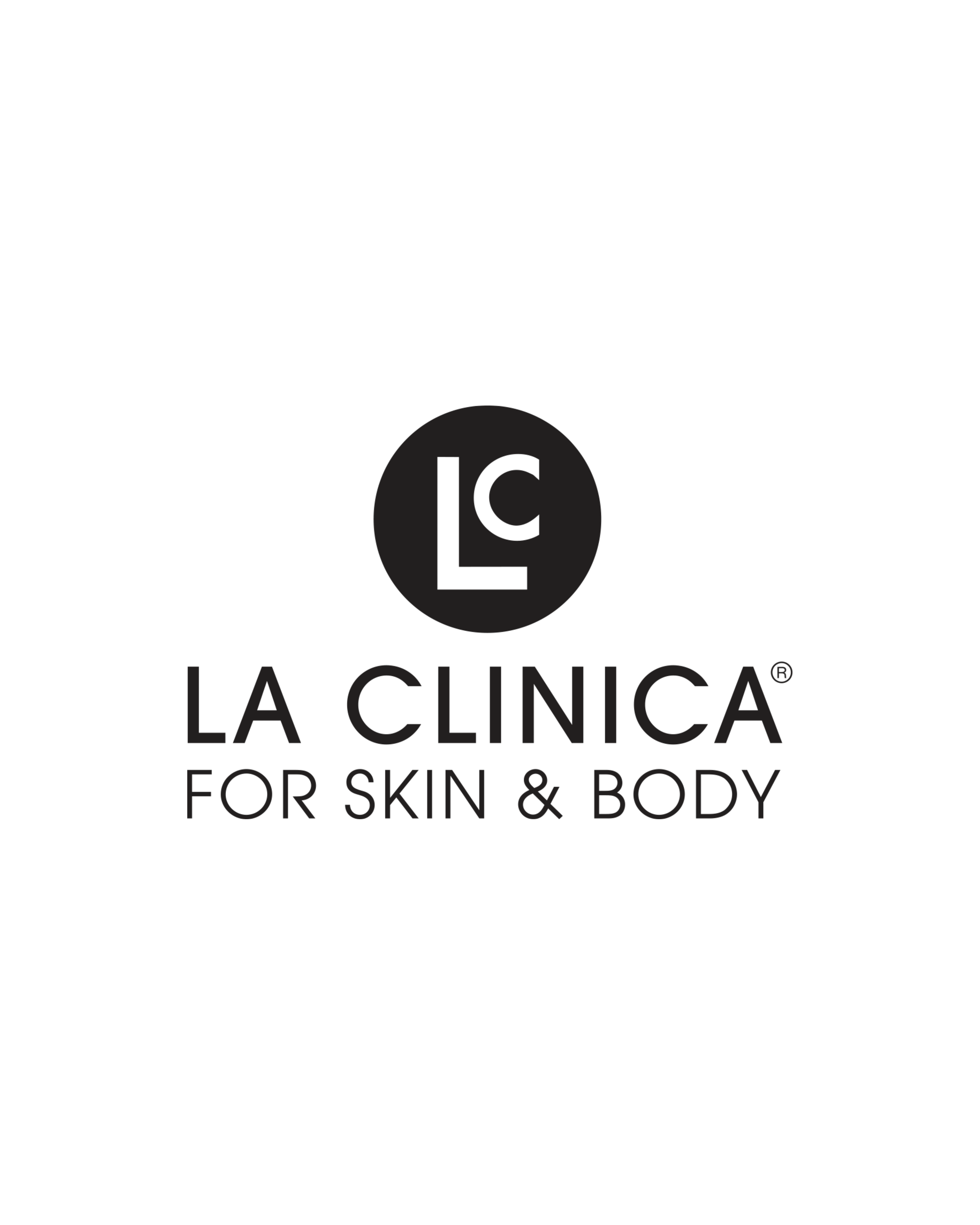 Logo for La Clinica for Skin & Body, featuring a black circle with white "LC" initials, and text in black and gray.