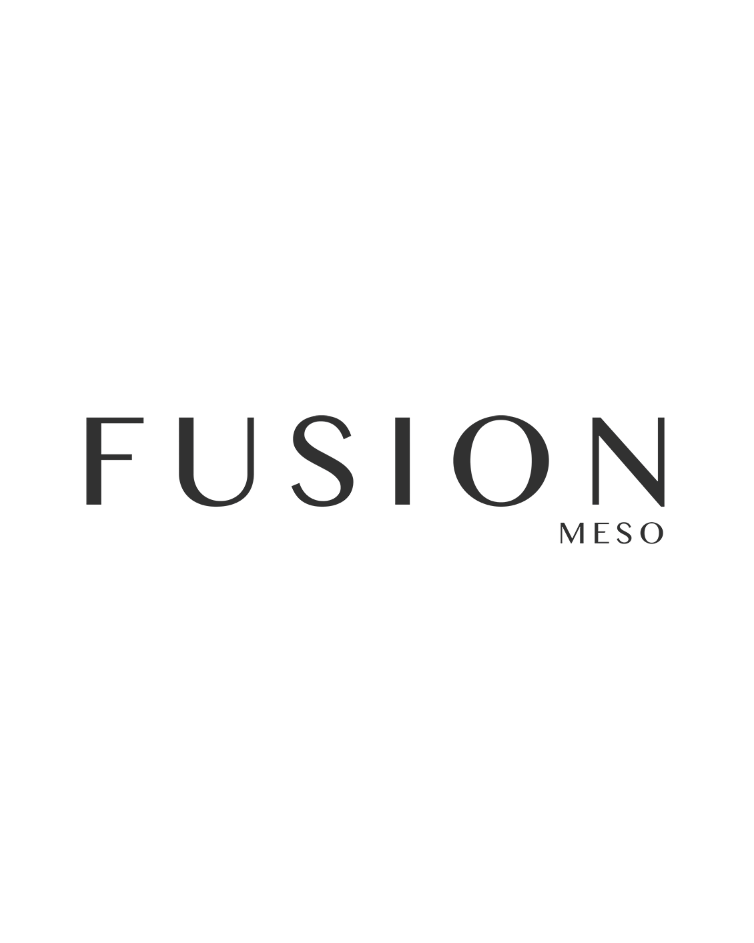 Close-up of a white ceramic mug with black text reading "FUSION MESO" on a plain white background.