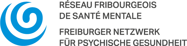 Logo du Réseau Fribourgeois de Santé Mentale, avec un symbole en spirale bleue et le texte en français et allemand.
