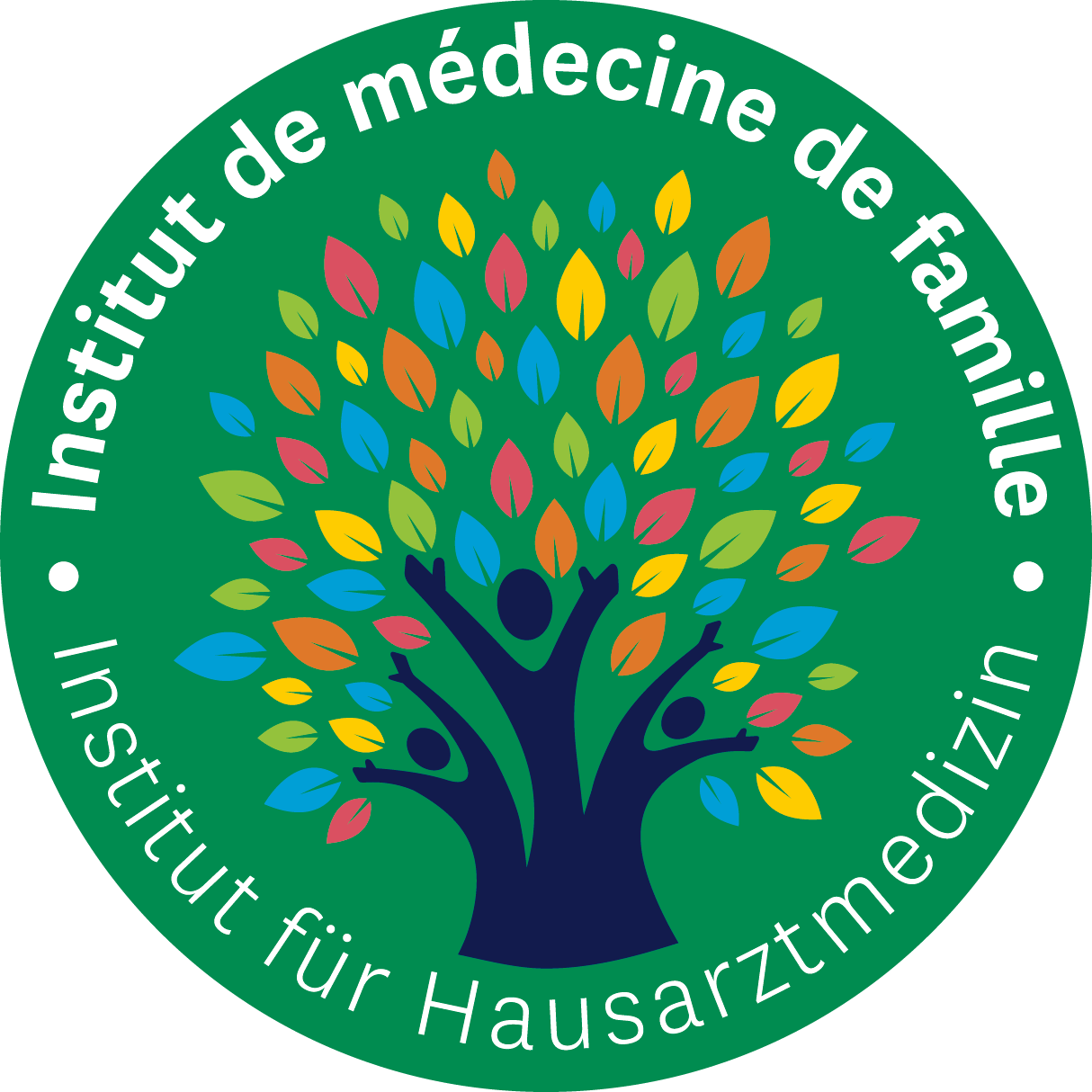 Logo vert avec un arbre stylisé et des feuilles de différentes couleurs, entouré du texte en français : "Institut de médecine de famille" et "L'institutFÜR Hausarztmedizin".