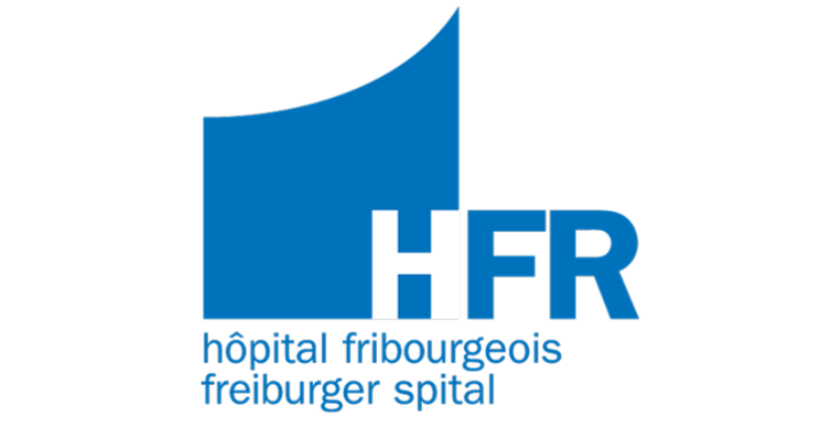 Logo de l'établissement hospitalier HFR avec le nom « hôpital fribourgeois freiburger spital » en français et en allemand.