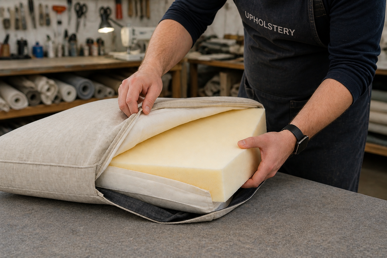 Opening a zippered cushion cover to replace high-density foam in Dallas, Texas