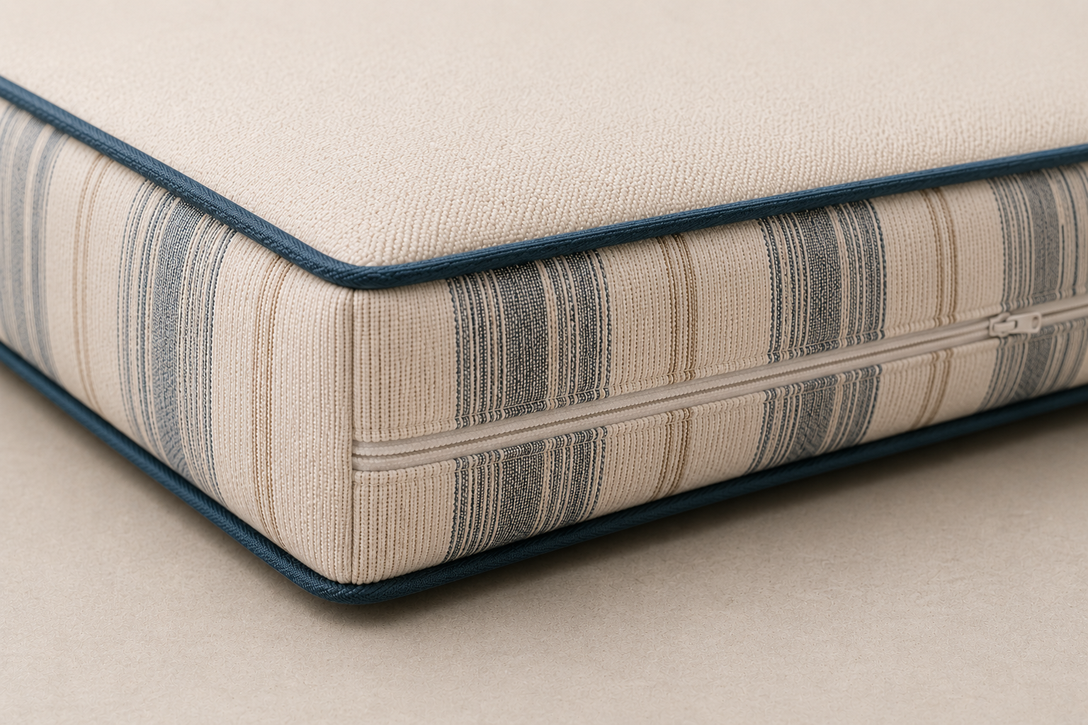 Custom box cushion with piping and hidden zipper detail made for premium upholstery in Dallas, Texas