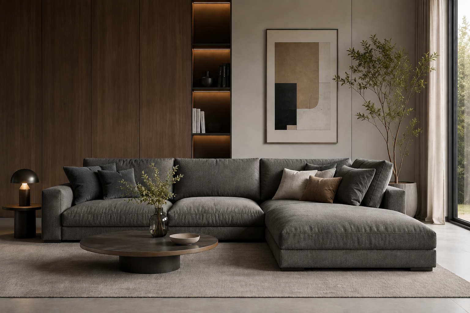 Modern sectional sofa in a contemporary living room, professionally reupholstered by Eterna Stitch in Dallas, Texas