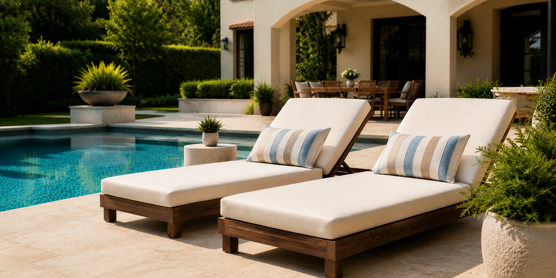 Custom outdoor lounge cushions for poolside chaise lounges in Dallas, Texas