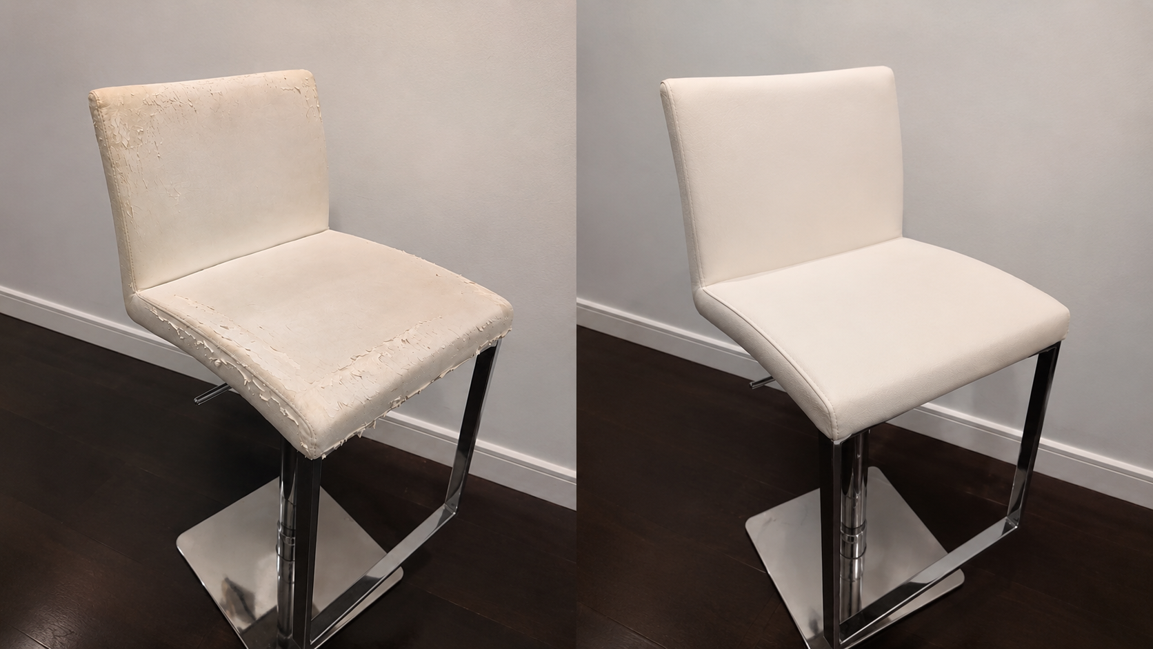 Before and after bar stool upholstery restoration in Dallas, Texas