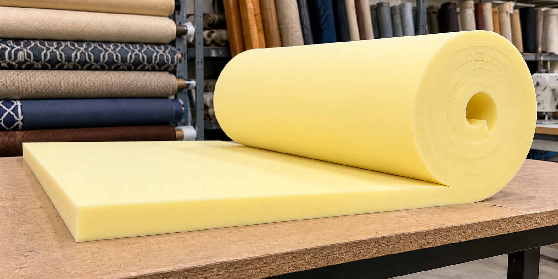 High-density 2-inch upholstery foam roll for custom furniture cushions in Dallas, Texas