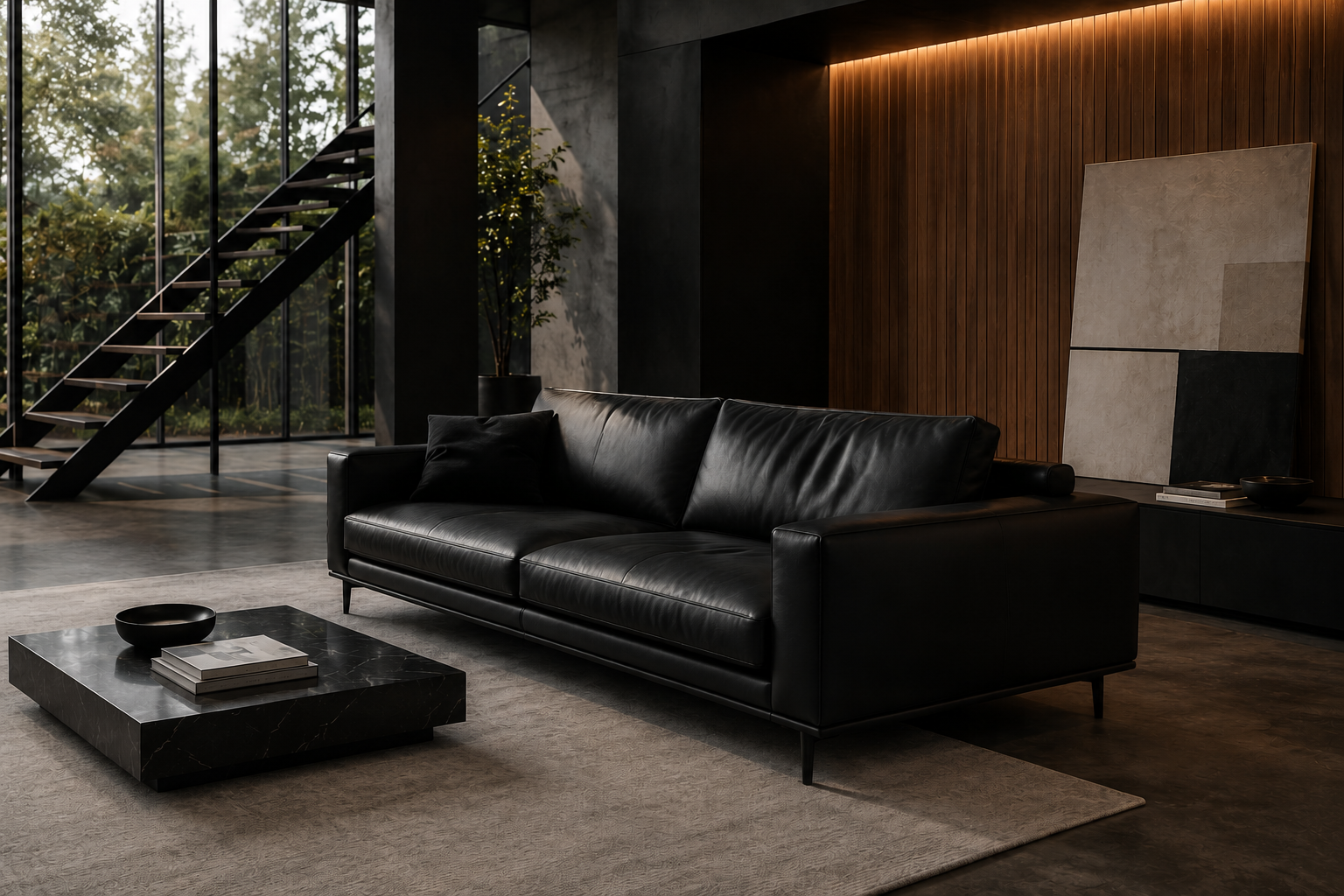 Modern black leather sofa in a contemporary luxury living room, professionally upholstered with premium materials by Eterna Stitch in Dallas, Texas.