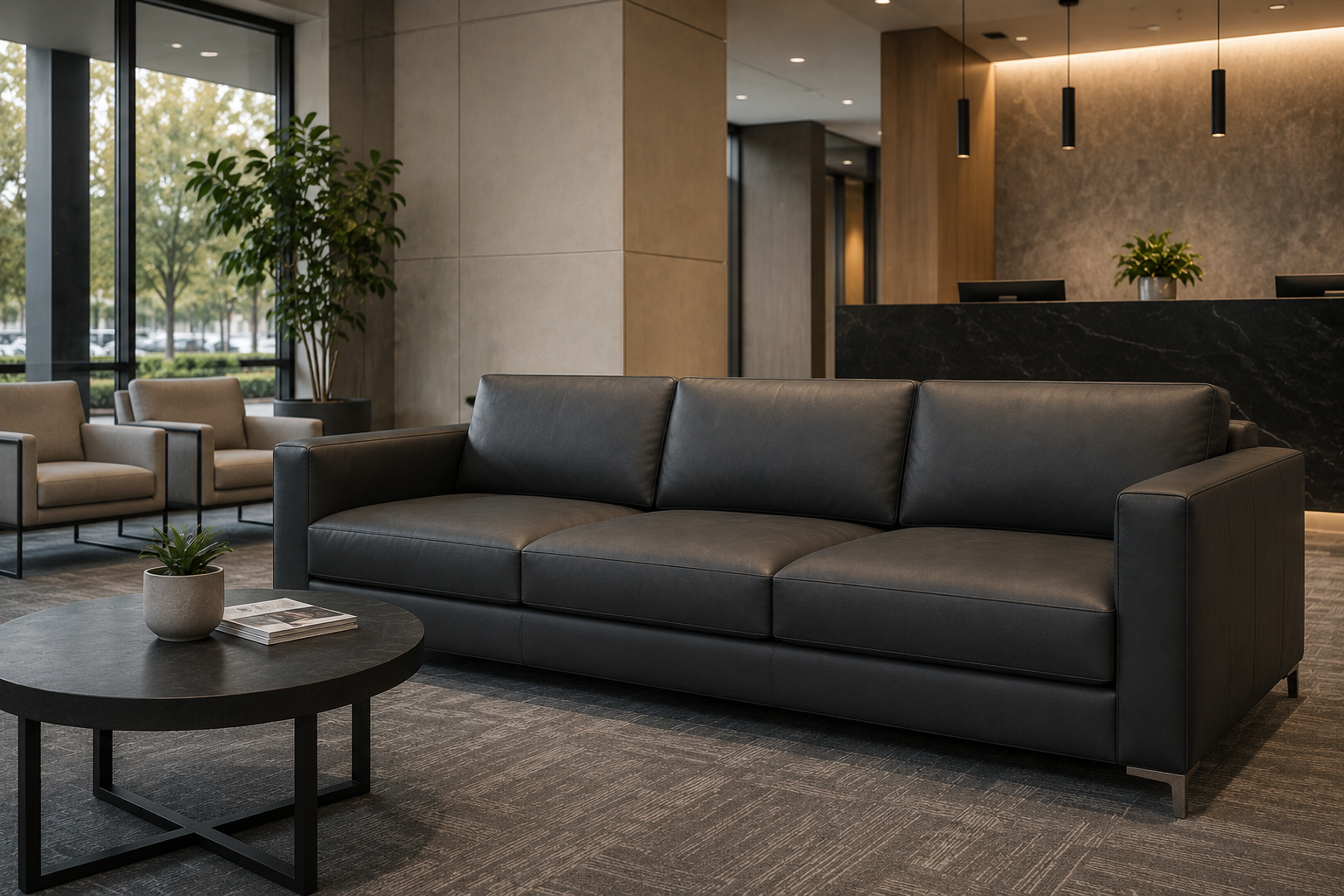 Modern black leather sofa in a commercial waiting area, showcasing professional commercial upholstery services in Dallas, Texas.