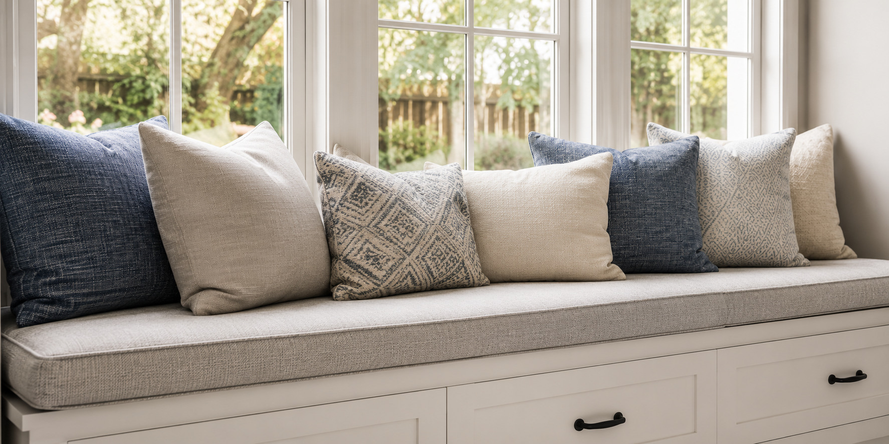 Custom upholstered window seat cushions with premium foam replacement in Dallas, Texas