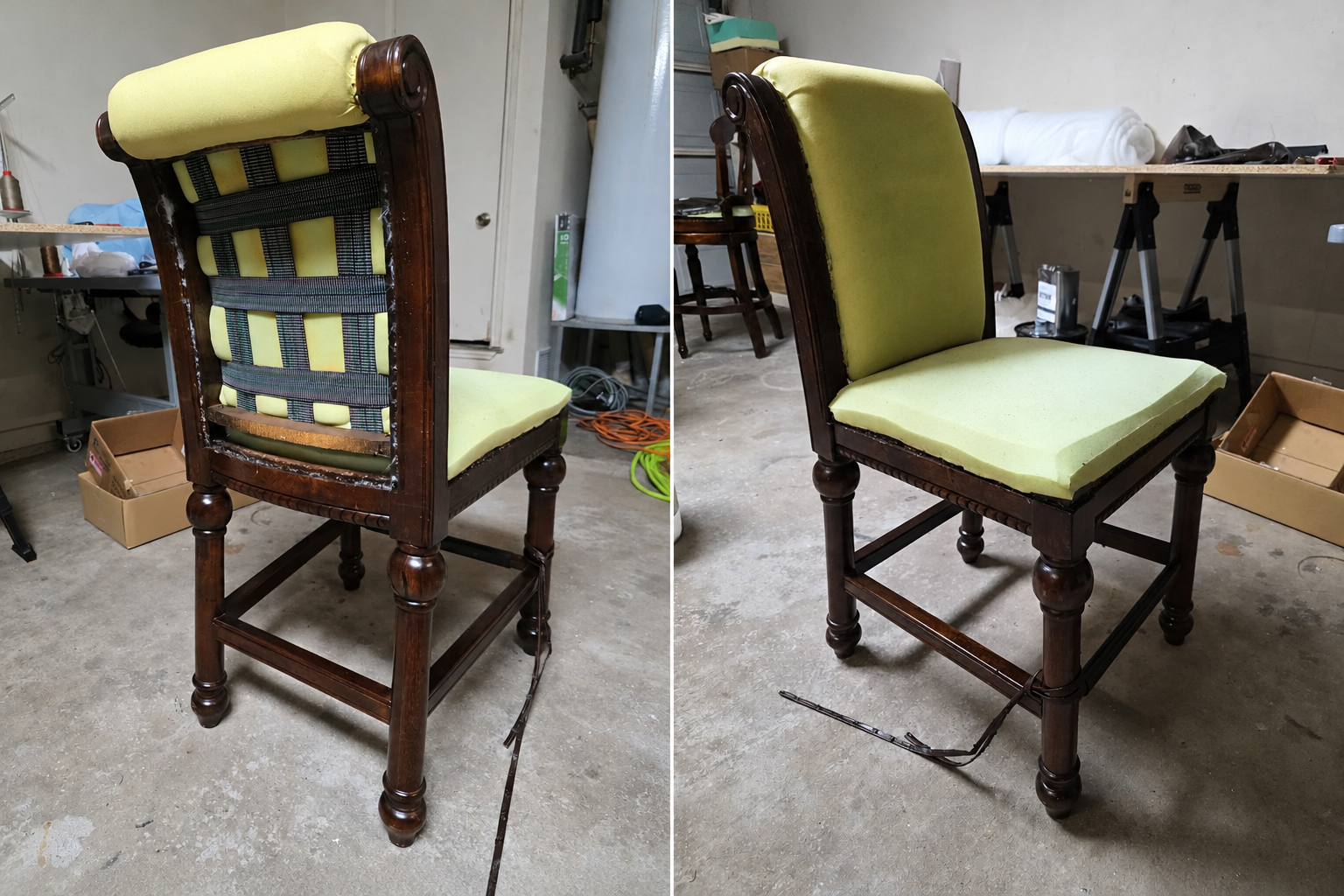 Dining chair restoration process with new webbing and foam before upholstery in Dallas, Texas