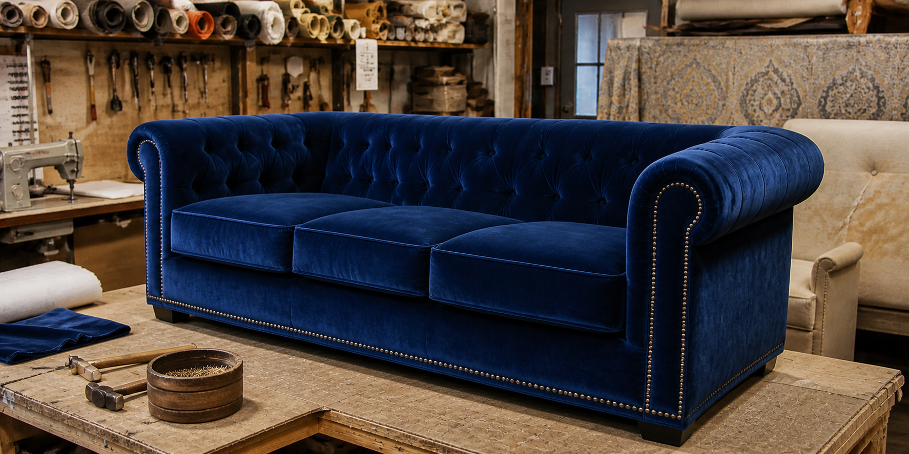 custom luxury upholstery Dallas Texas blue velvet sofa with deep tufting and handcrafted details