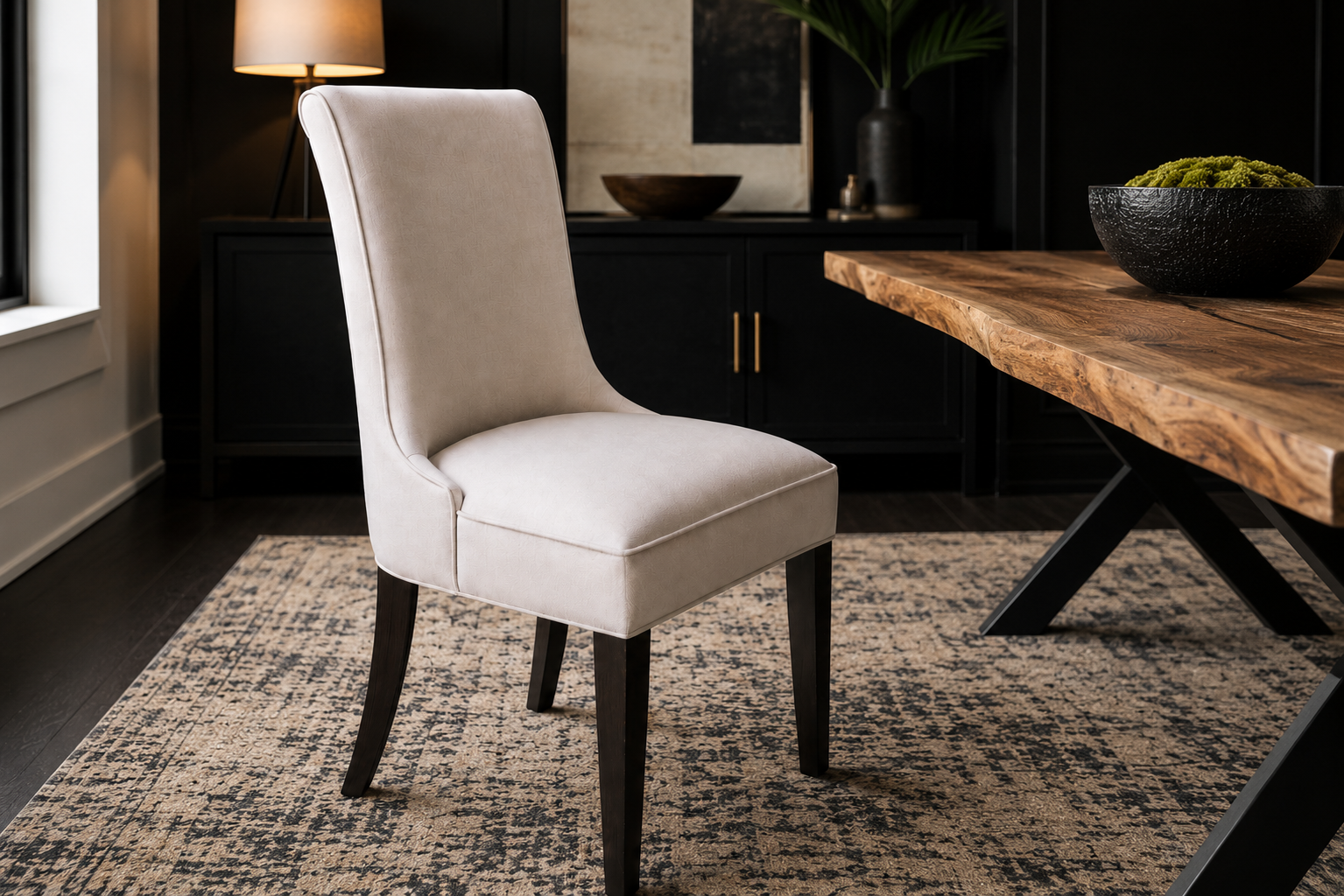 Custom upholstered dining chair in a modern luxury dining room in Dallas, Texas