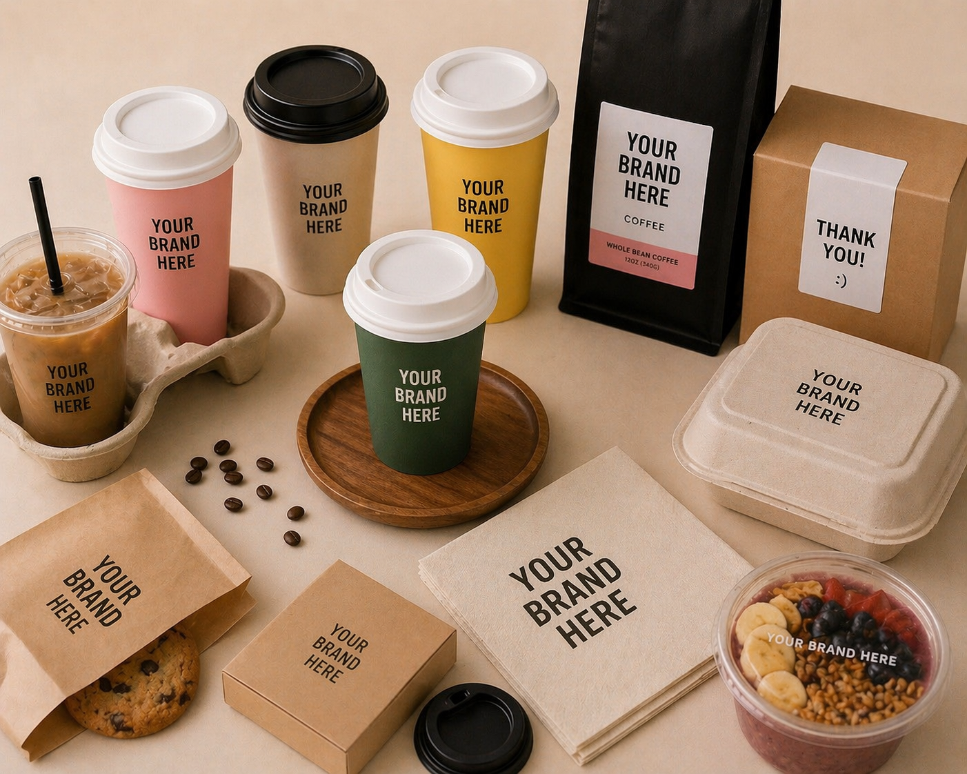 A variety of takeaway coffee cups, food containers, and snacks on a beige table, all with customizable labels reading 'Your Brand Here'.