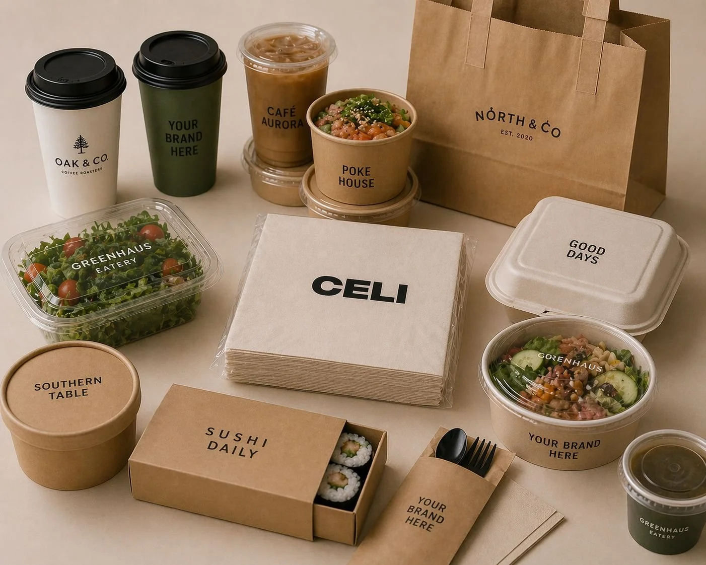 Collection of takeaway food and drinks including coffee cups, salad bowls, sushi box, and paper bags on a table.