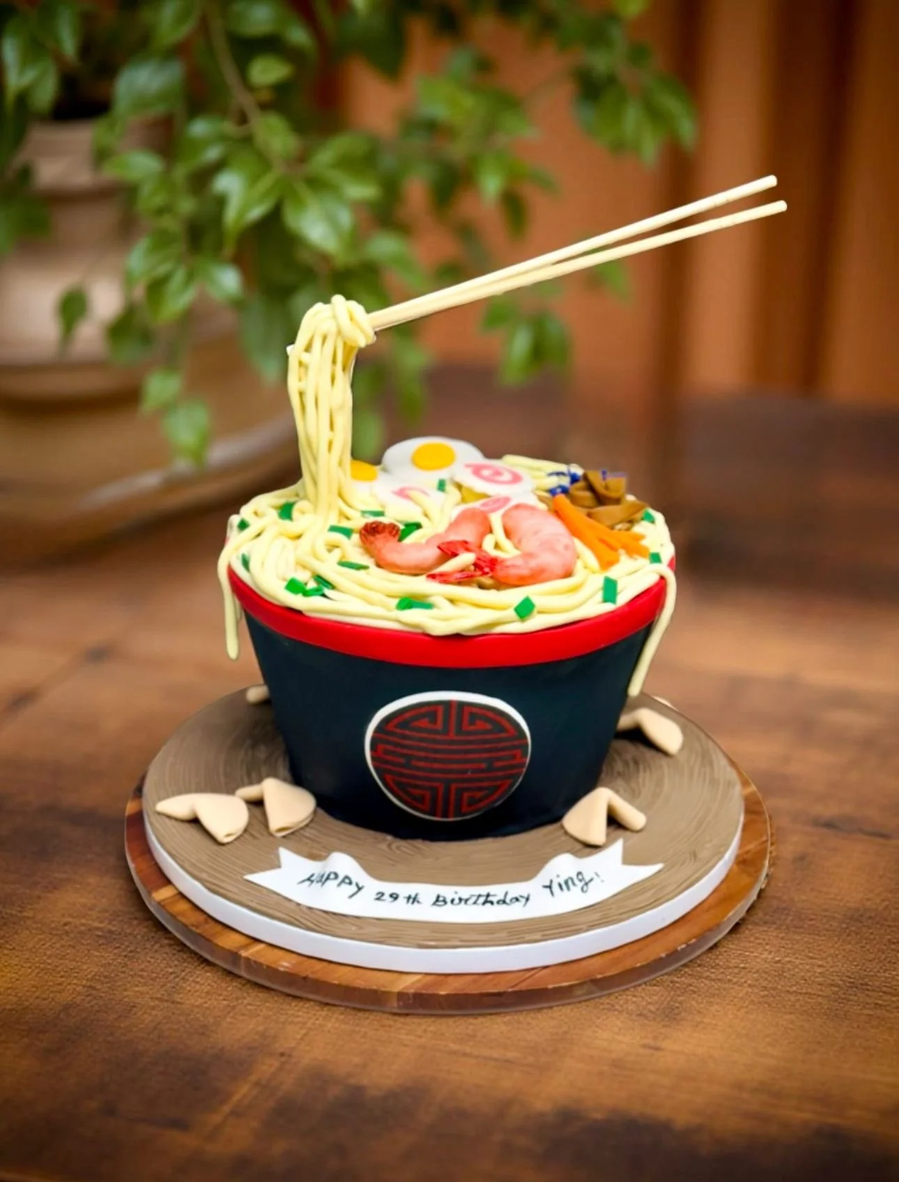 A birthday cake designed to look like a bowl of ramen with noodles, shrimp, eggs, and vegetables, topped with chopsticks, placed on a wooden table with a decorative base and a birthday message on a paper banner.