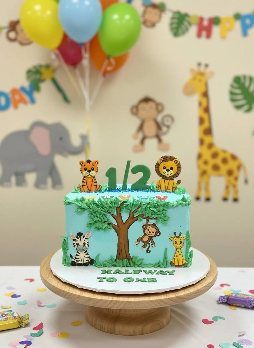 A jungle-themed birthday cake with animal decorations including a lion, tiger, zebra, monkey, and giraffe, with a "1/2" topper. The cake is on a wooden stand, surrounded by colorful confetti, and a balloon bouquet with yellow, blue, green, red, and o