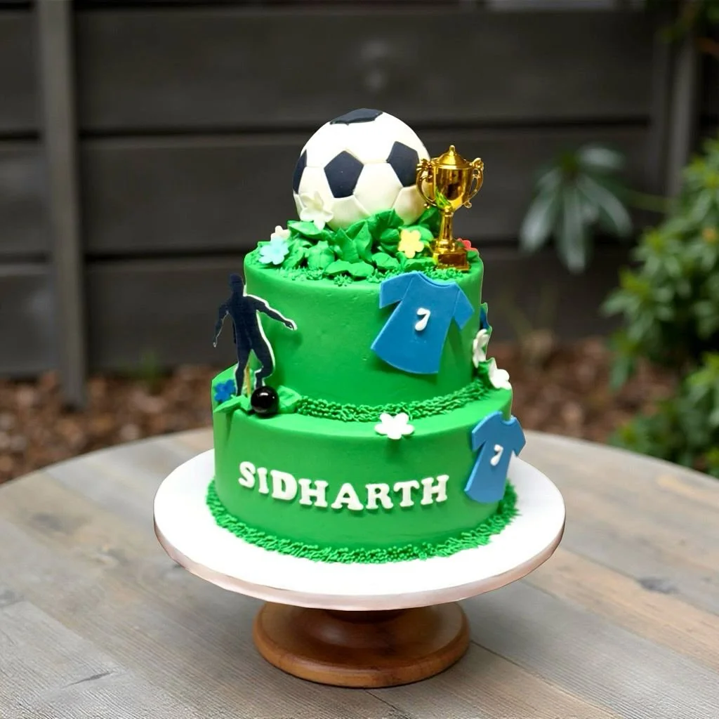Green birthday cake decorated with a soccer theme, featuring a soccer ball, a trophy, a soccer player figure, and football jerseys, with the name "SIDHARTH" written on it.