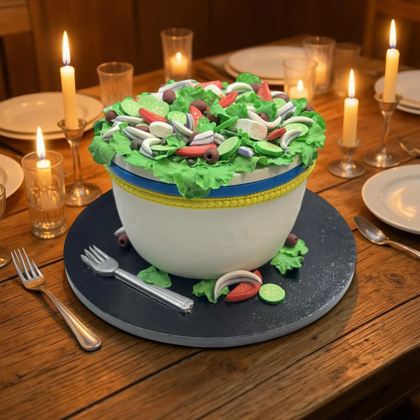 Salad-themed cake resembling a large bowl of salad with lettuce, tomatoes, olives, and other vegetables, decorated in edible colors and placed on a table for celebration.