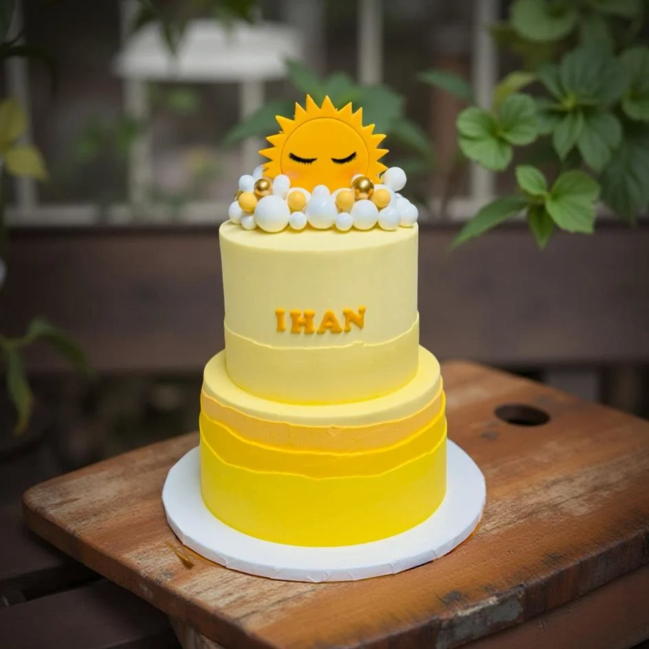 Two-tiered yellow birthday cake with white and gold decorative spheres and a smiling sun topper. The cake has the name 'I HAN' written on it and is placed on a white cake board on a wooden surface.
