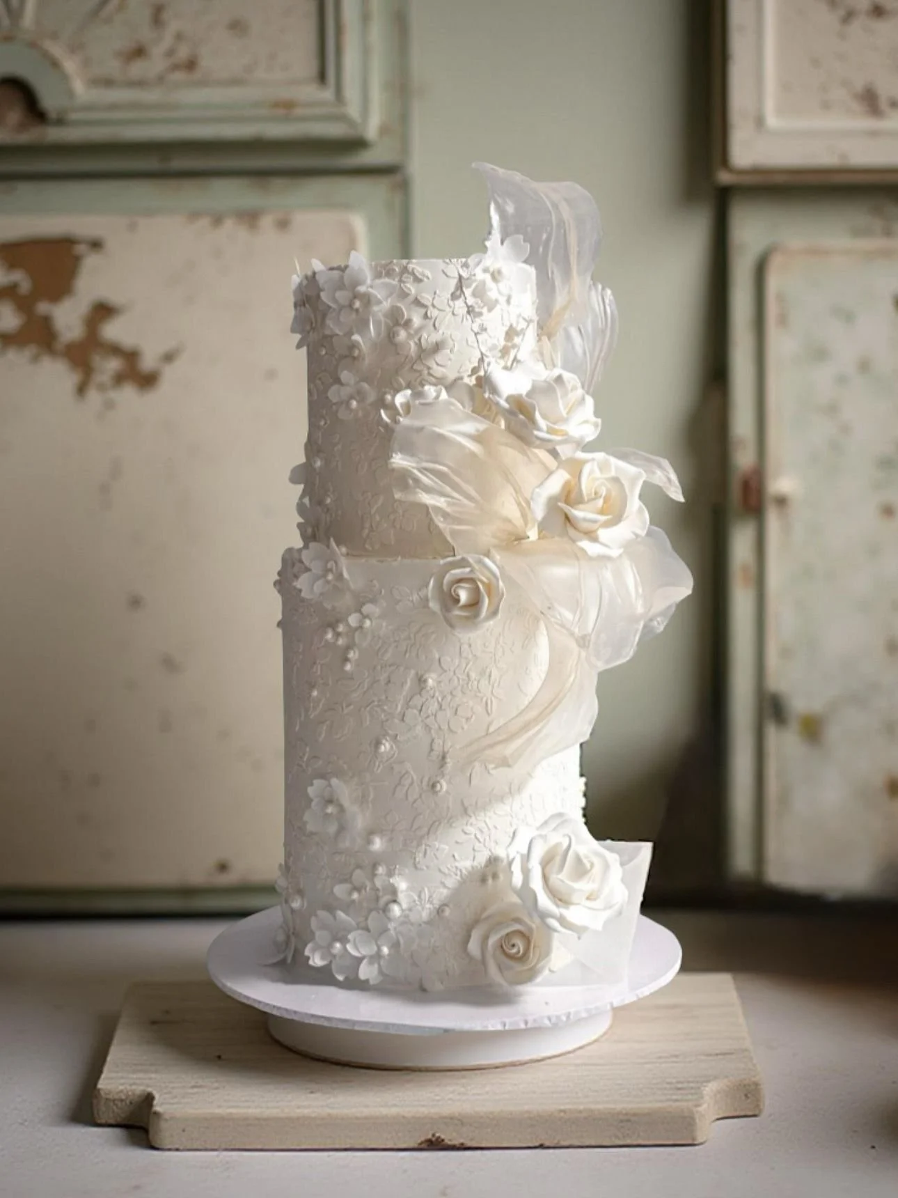 An elegant white wedding cake decorated with intricate floral and leaf patterns, and adorned with white roses and petals, displayed on a wooden stand.