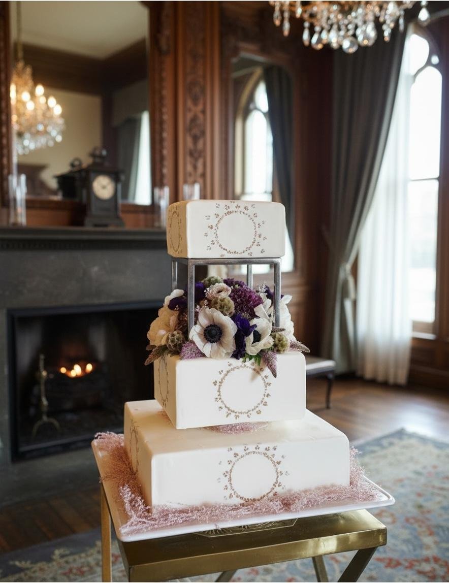 A three-tier wedding cake with white icing decorated with circular floral patterns, topped with a bouquet of purple and white flowers, displayed on a gold table in a decorated elegant room with wooden walls, curtains, a chandelier, and a fireplace.