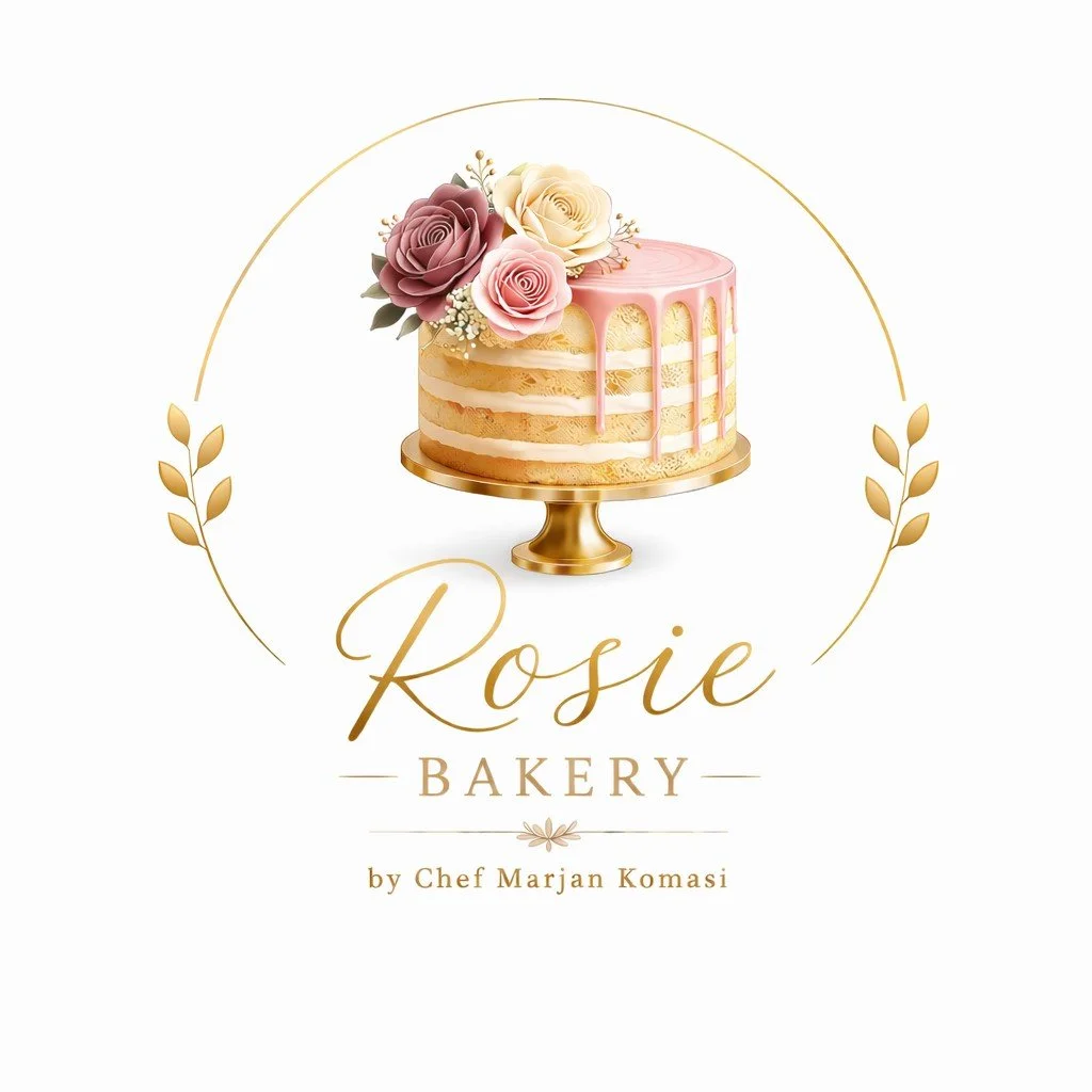 Logo for Rosie Bakery featuring a decorated cake with flowers and gold accents, with text indicating it is owned by Chef Marjan Komasi.