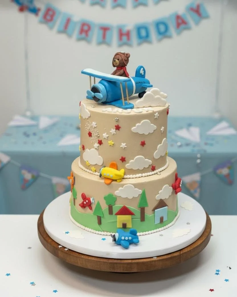 Two-tiered birthday cake decorated with clouds and stars, featuring airplane and bear toppers, with a teddy bear figurine on top, set against a holiday-themed background.