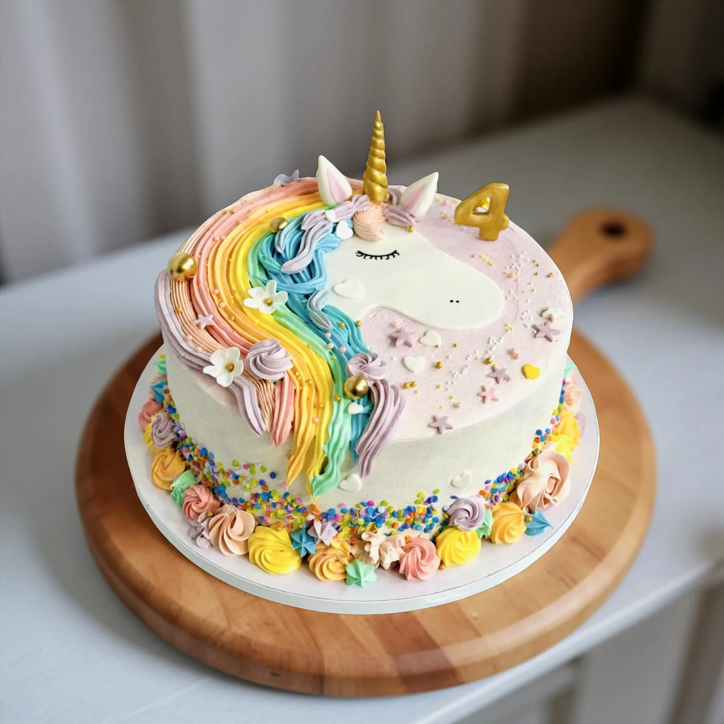Unicorn-themed birthday cake with a rainbow and pastel-colored decorations and a gold '4' candle.