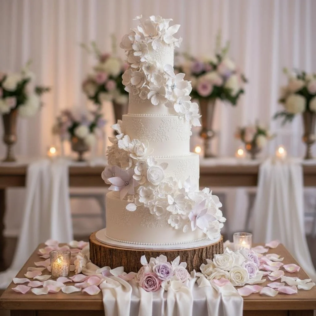 A four-tier white wedding cake decorated with white flowers, placed on a wooden cake stand, surrounded by flower petals and candles on a decorated table.