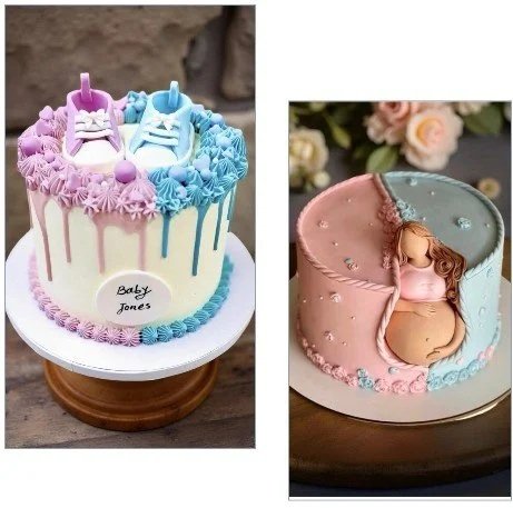 Two decorated cakes; the left cake has baby shoes and the words Baby Jones, and the right cake has an edible baby doll figure inside a partially cutaway design.