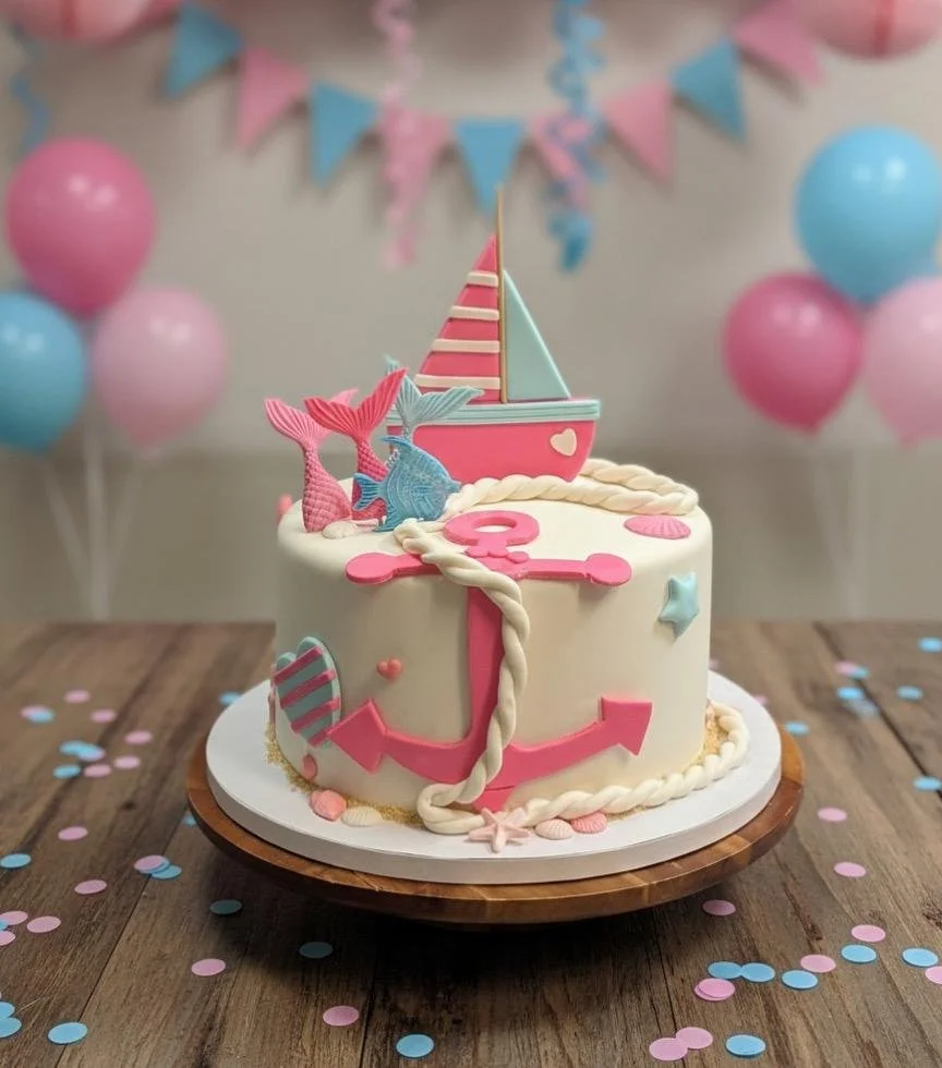 A nautical-themed birthday cake with a pink anchor, a pink and blue sailboat topper, and mermaid tail decorations, set on a wooden table with pink and blue confetti, pink and blue balloons, and pastel bunting in the background.