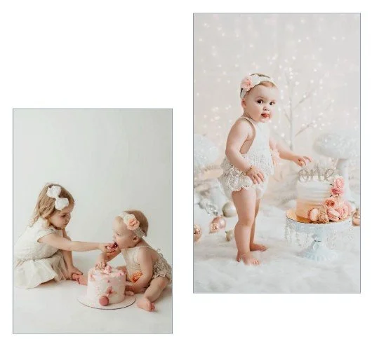 Two young girls celebrating a birthday with a pink cake, one girl offering a slice to the other in a bright, soft setting with birthday decorations.