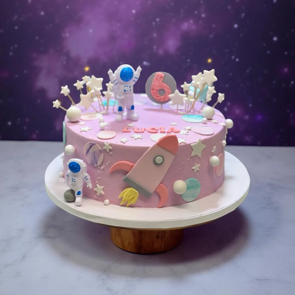 A space-themed birthday cake with pink frosting decorated with small astronauts, stars, planets, and a rocket. The cake has a gray number six and the name 'Lusia' on top.
