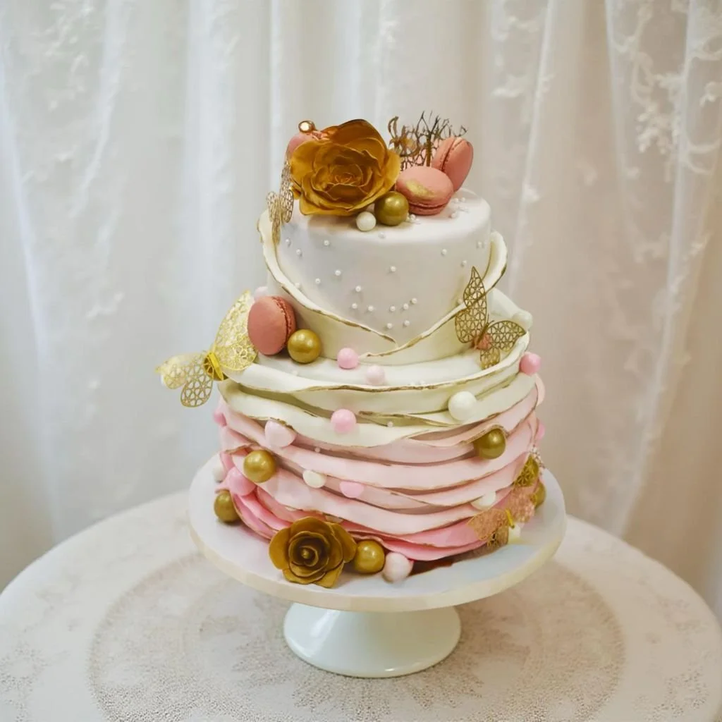 A four-tiered wedding cake decorated with gold, pink, and white accents, topped with a large gold rose and macarons, with decorative butterflies and pearls.