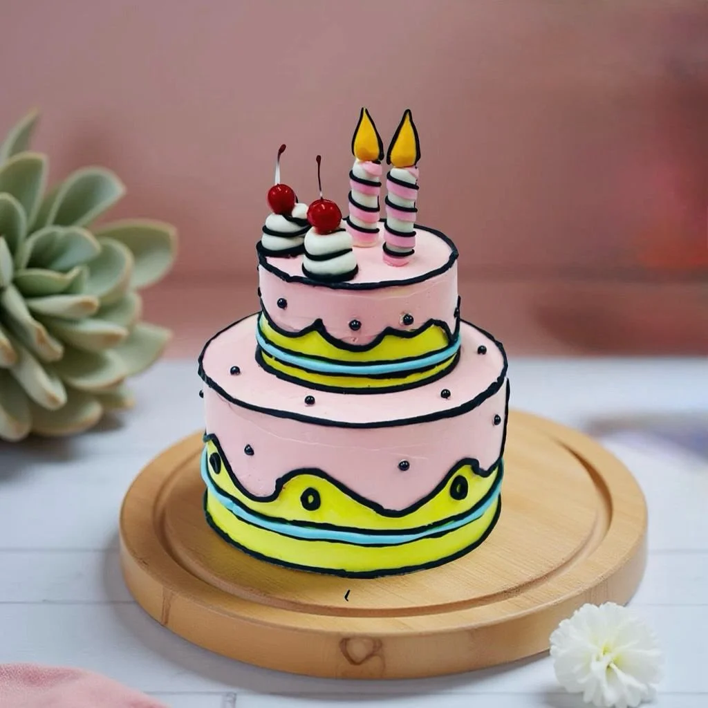 A two-tiered birthday cake decorated with pink and yellow icing, topped with candles, cherries, and icing decorations, placed on a wooden cake stand with a succulent plant and a white flower nearby.