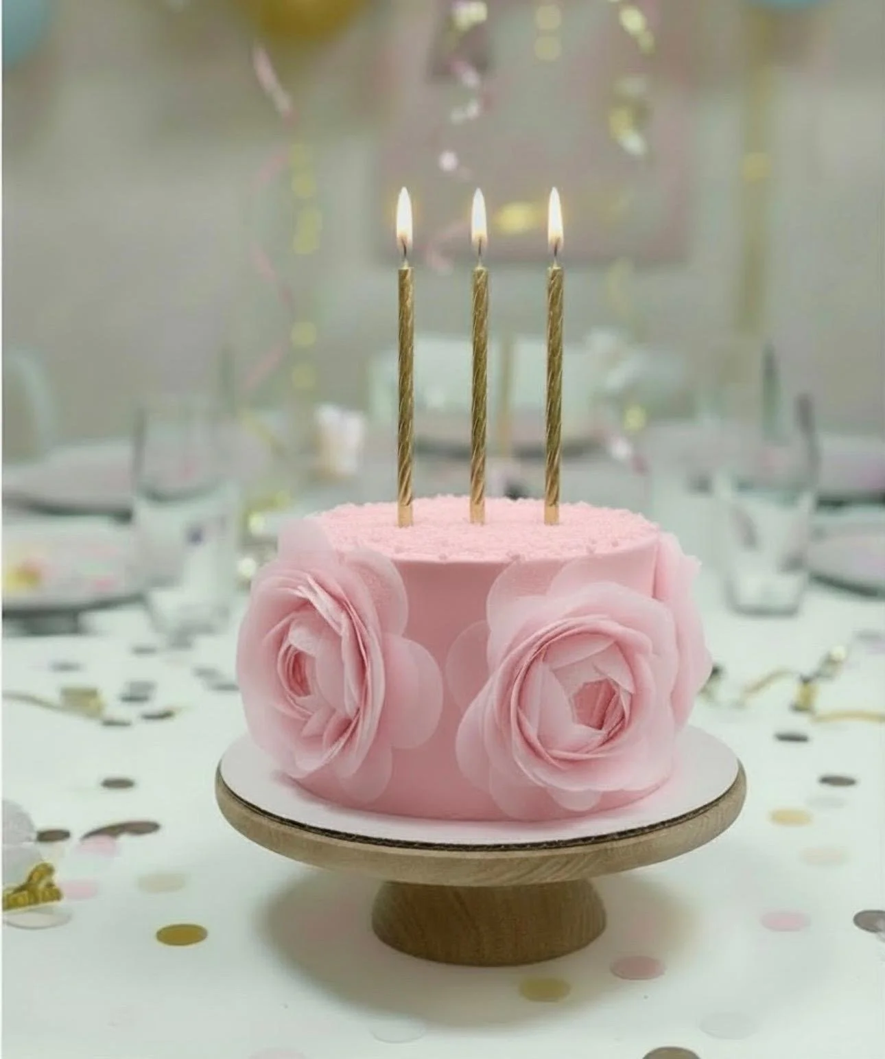 A pink birthday cake decorated with pink roses and three lit birthday candles, set on a table with confetti and glasses in the background.