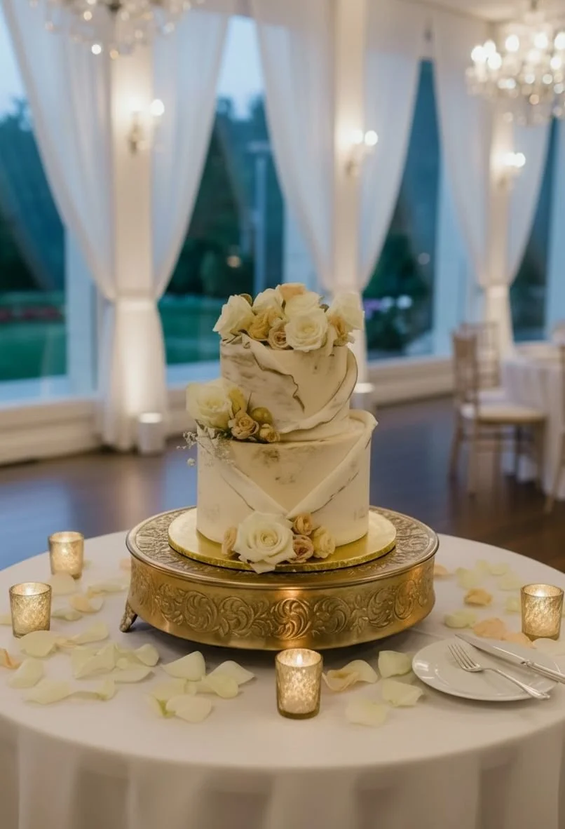 A two-tier wedding cake with white floral decorations on a gold stand, surrounded by candle holders and rose petals, in a decorated reception hall.