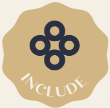 A beige, scalloped-edged paper with a cluster of five black rings and the word 'INCLUDE' at the bottom.